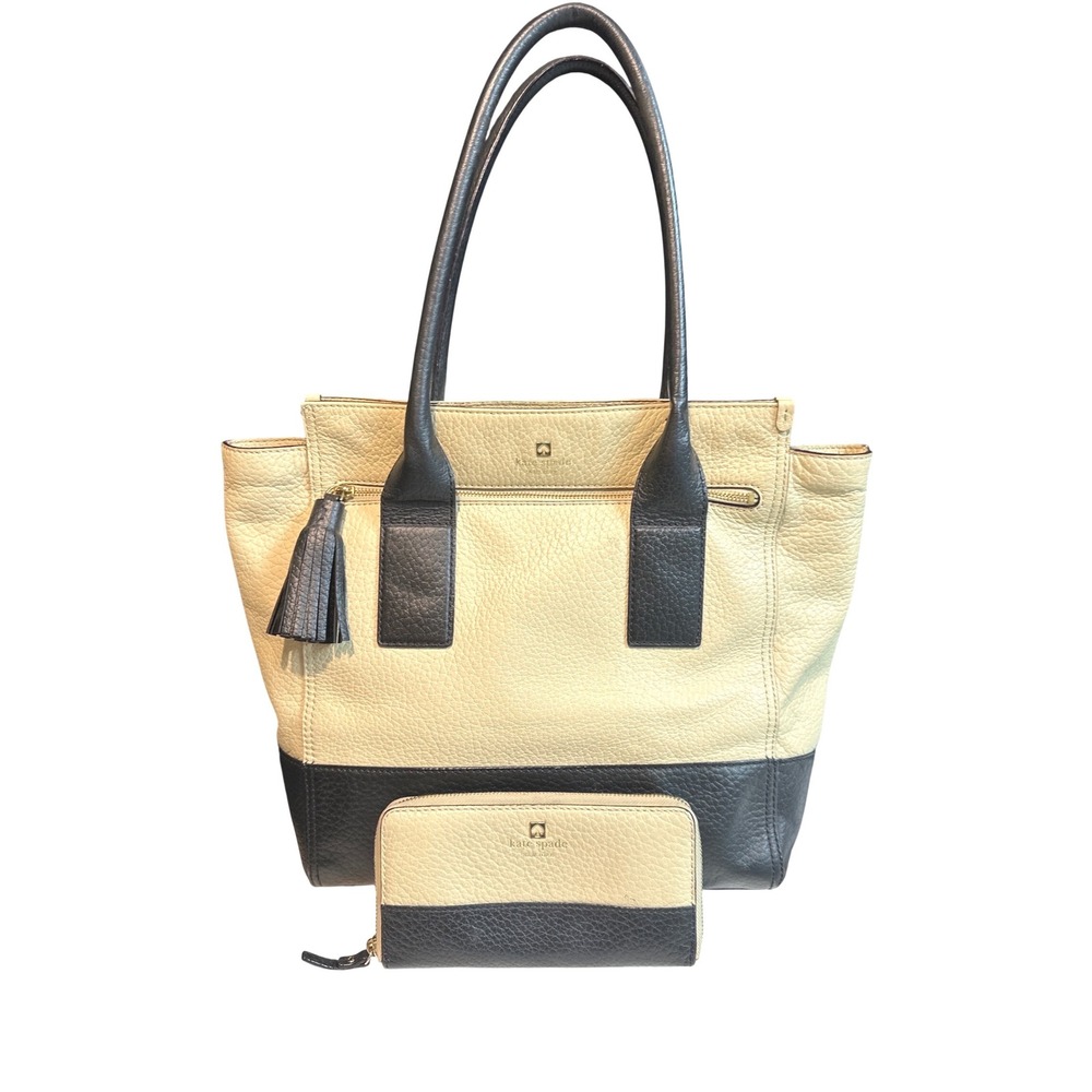 Kate Spade New York Pebbled Leather Tote Bag and Wallet Set Cream Navy Blue